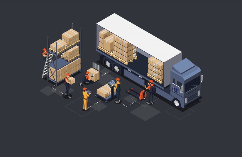 Isometric warehouse logistics concept. Modern interior of warehouse, loading and unloading process of delivery vehicles. Equipment for cargo delivery. Vector illustration Isometric warehouse logistics concept. Modern interior of warehouse, loading and unloading process of delivery vehicles. Equipment for cargo delivery. Vector illustration.